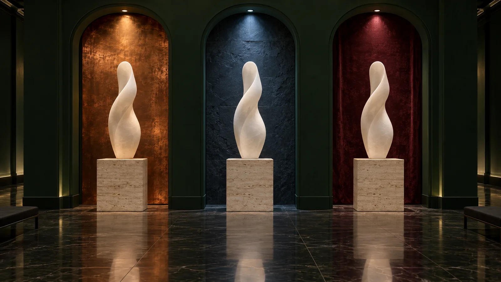 Tre sculture contorte identiche in alabastro su piedistalli di travertino in una galleria verde scuro, ciascuna nella propria nicchia ad arco con un fondale diverso: rame, ardesia scura e velluto rosso