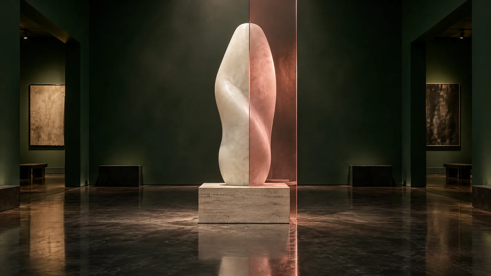 Una scultura contorta in alabastro su un piedistallo di travertino in una galleria verde scuro; una lastra di vetro rosato davanti alla metà destra cambia il colore solo di quella metà