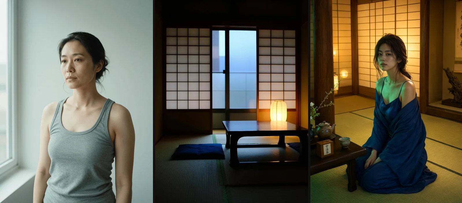 Tre pannelli: una donna in canottiera grigia vicino a una finestra; una stanza vuota con tatami, tavolino basso e lanterna di carta; e una donna più giovane in kimono indaco inginocchiata al tavolino nella stessa stanza