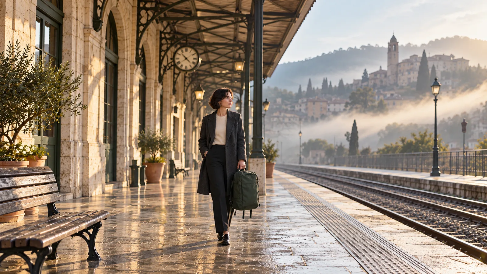 An adult woman in a charcoal coat holding a green travel backpack on a quiet railway platform in morning light