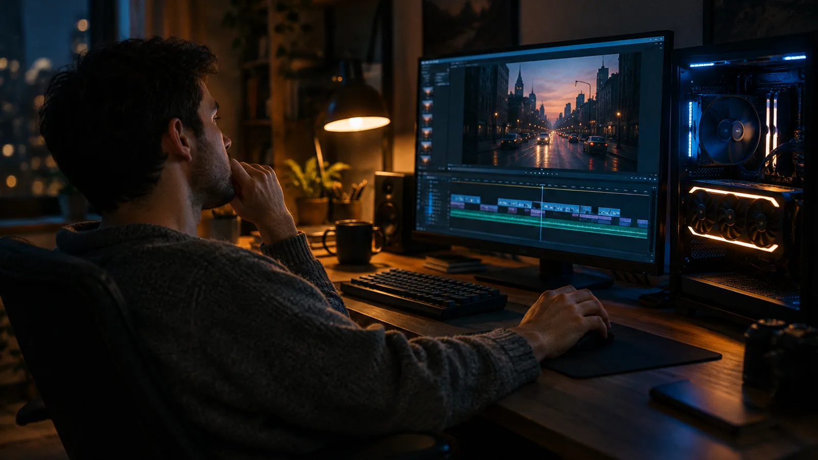 A man at a home desk beside a PC with a large graphics card, watching a city clip on his monitor