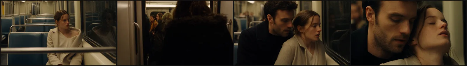 Four frames from one clip: a woman alone on a night train seat, passengers boarding, the woman with a man pressed behind her, a close-up of the two of them