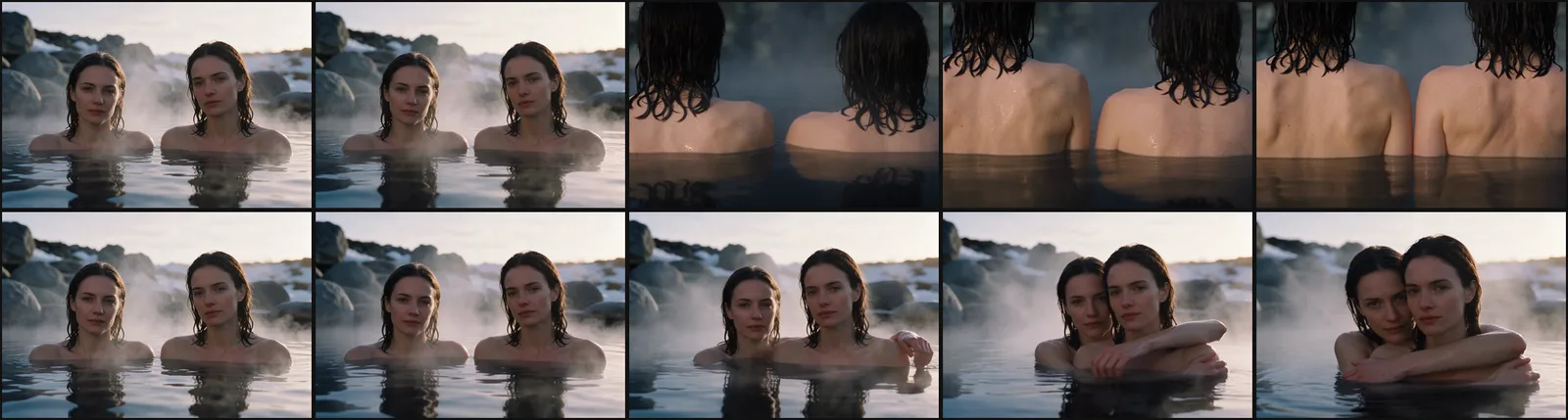 Two rows of frames from one opening still of two women in a hot spring. Top row: the clip cuts to the backs of their heads and stays there. Bottom row: they rise and one wraps her arms around the other