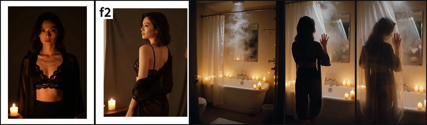 Three reference images, a woman in a black lace outfit and a robe from the front, the same woman from behind, and a candlelit bathroom, followed by two frames of the clip with her walking to the shower curtain