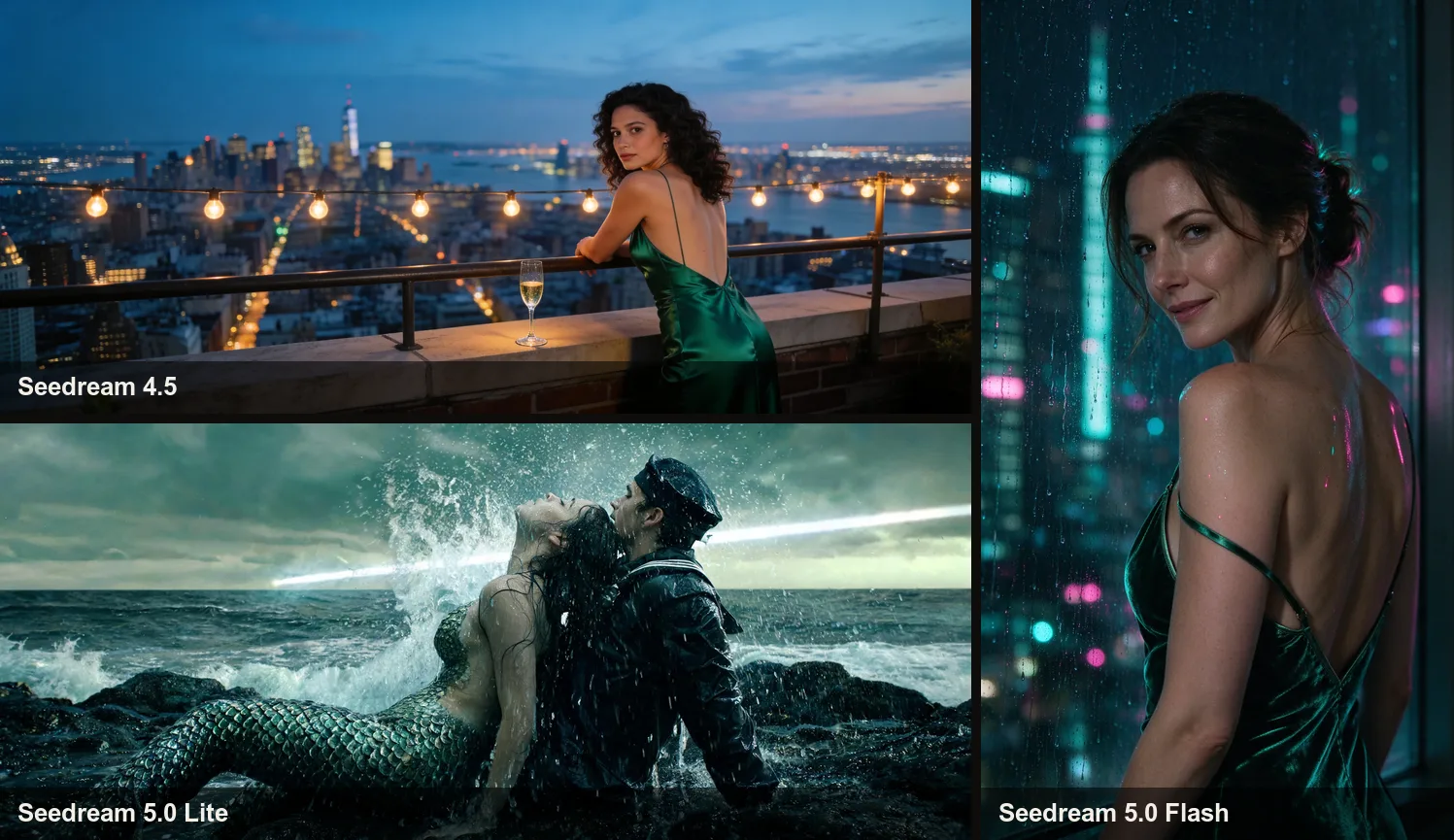 Three published examples: a woman in an emerald gown on a city rooftop at dusk (Seedream 4.5), a mermaid and a sailor on storm-lashed rocks (Seedream 5.0 Lite), and a woman in a green slip dress by a rainy neon-lit window (Seedream 5.0 Flash)
