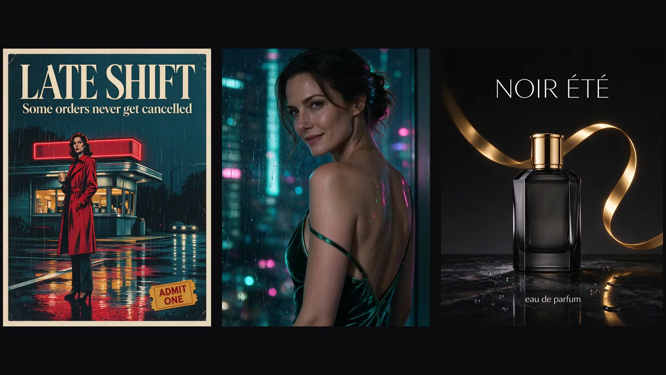 Tre risultati di Seedream 5.0 Flash affiancati: un manifesto cinematografico retro LATE SHIFT, una donna in slip di velluto smeraldo a una finestra al neon sotto la pioggia e una bottiglia di profumo NOIR ÉTÉ con un nastro dorato