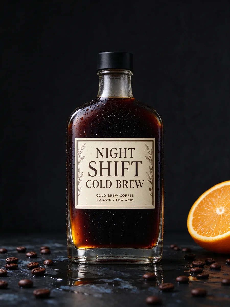 Foto di prodotto di Seedream 5.0 Flash: una bottiglia a forma di fiasco con un'etichetta crema che dice NIGHT SHIFT COLD BREW e una piccola riga di testo in più, chicchi e mezza arancia