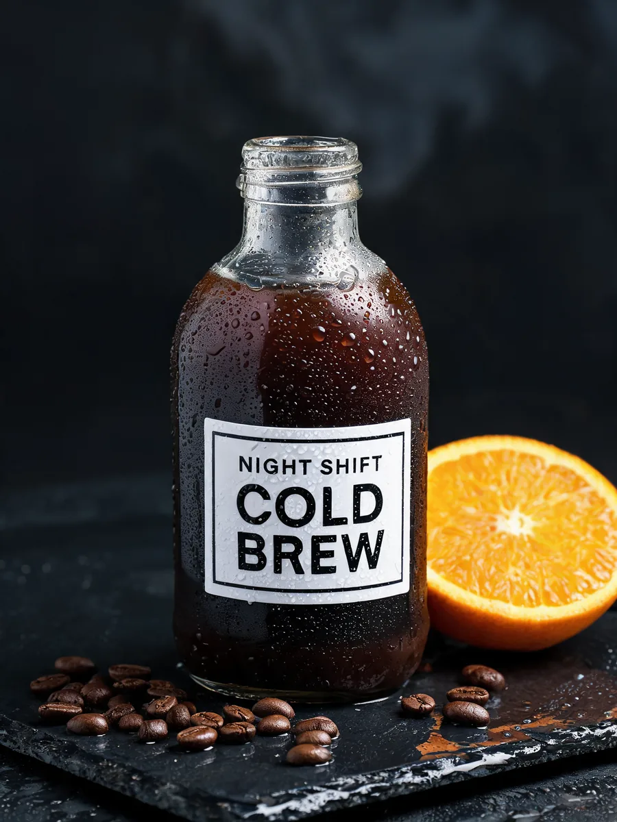 Foto di prodotto di Seedream 5.0 Lite: una bottiglia di vetro di cold brew con un'etichetta bianca che dice NIGHT SHIFT COLD BREW, chicchi di caffè e mezza arancia