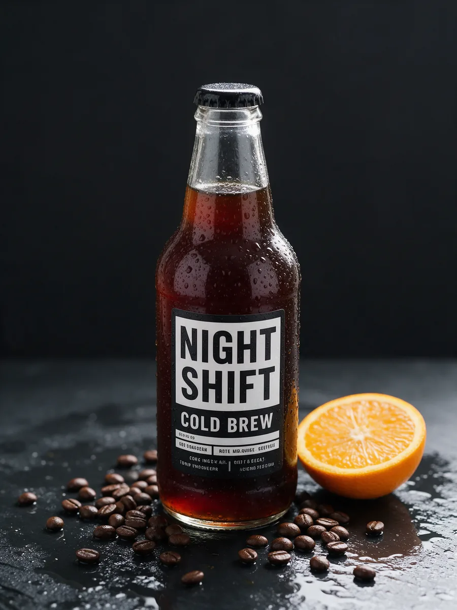 Foto di prodotto di Seedream 5.0 Pro: una bottiglia con un'etichetta bianco e nera che dice NIGHT SHIFT COLD BREW e diverse righe di testo minuscolo, chicchi e mezza arancia