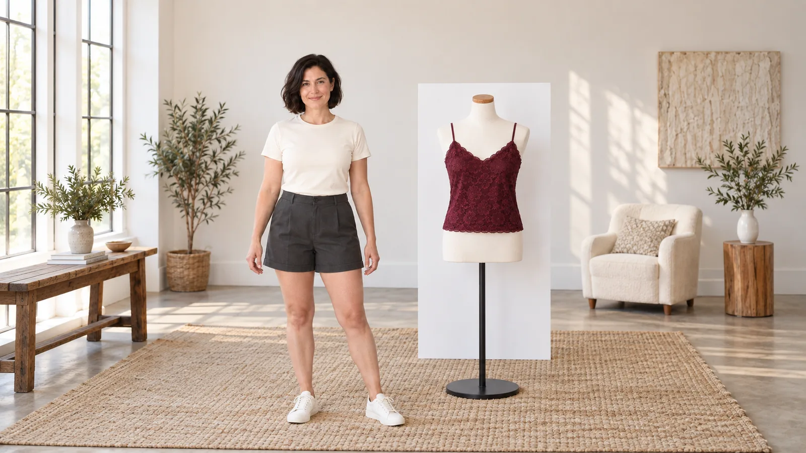 Illustrazione di un’adulta immaginaria con maglia crema e shorts antracite accanto a una canotta in pizzo bordeaux su un manichino sartoriale bianco.
