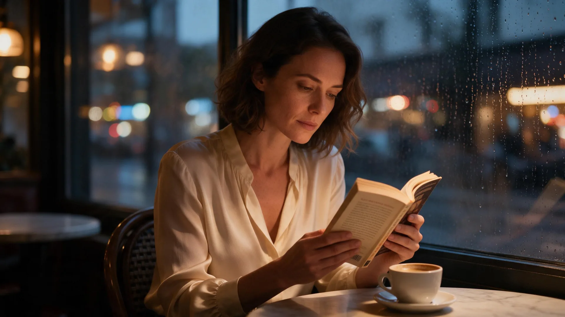 Una donna in camicetta di seta color crema legge un tascabile accanto alla vetrina di un caffè rigata dalla pioggia al tramonto, con una tazza di caffè sul tavolino di marmo