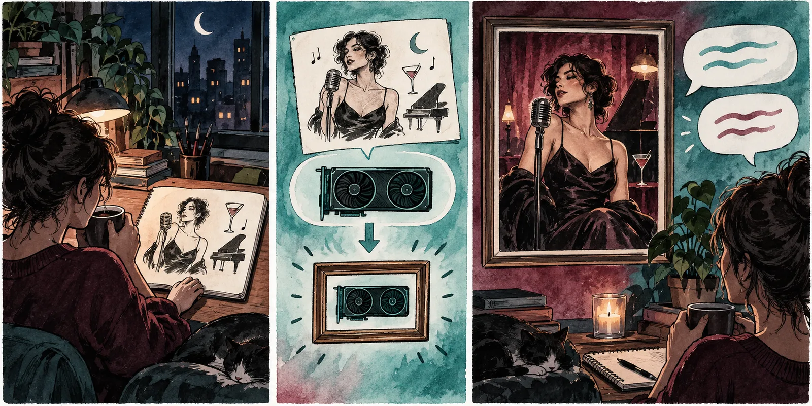 Sequenza a fumetti con descrizione della scena salvata, pausa per generare l'immagine e ritorno alla stessa conversazione.
