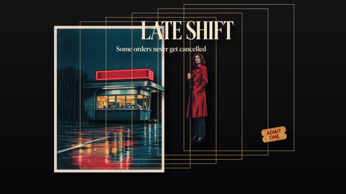 Il poster LATE SHIFT scomposto nei suoi livelli: una strada piovosa pulita, il diner, il titolo, la tagline, la donna con il trench rosso e il biglietto ADMIT ONE, ciascuno nella propria cornice dorata