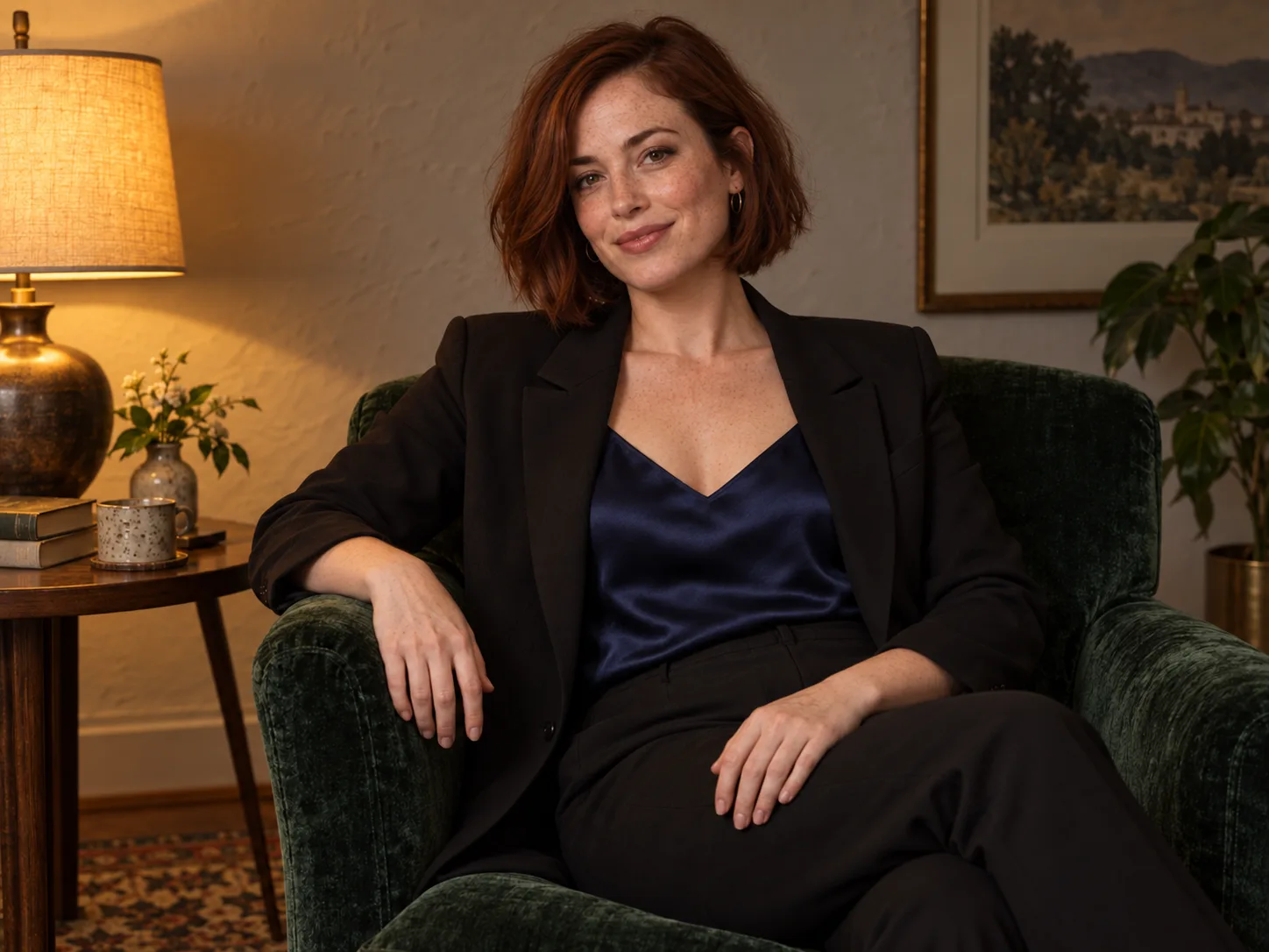 Personaggio adulto immaginario con blazer nero e top di raso blu, seduto accanto a una lampada calda, con le mani in posizioni separate.