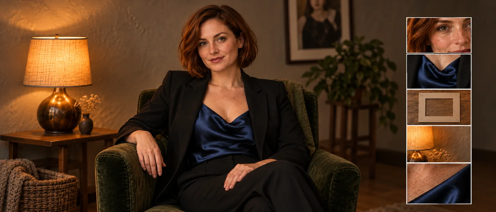 Personaggio adulto con capelli ramati, top di raso e blazer accanto a cinque dettagli di identità, abbigliamento, inquadratura, luce e texture.