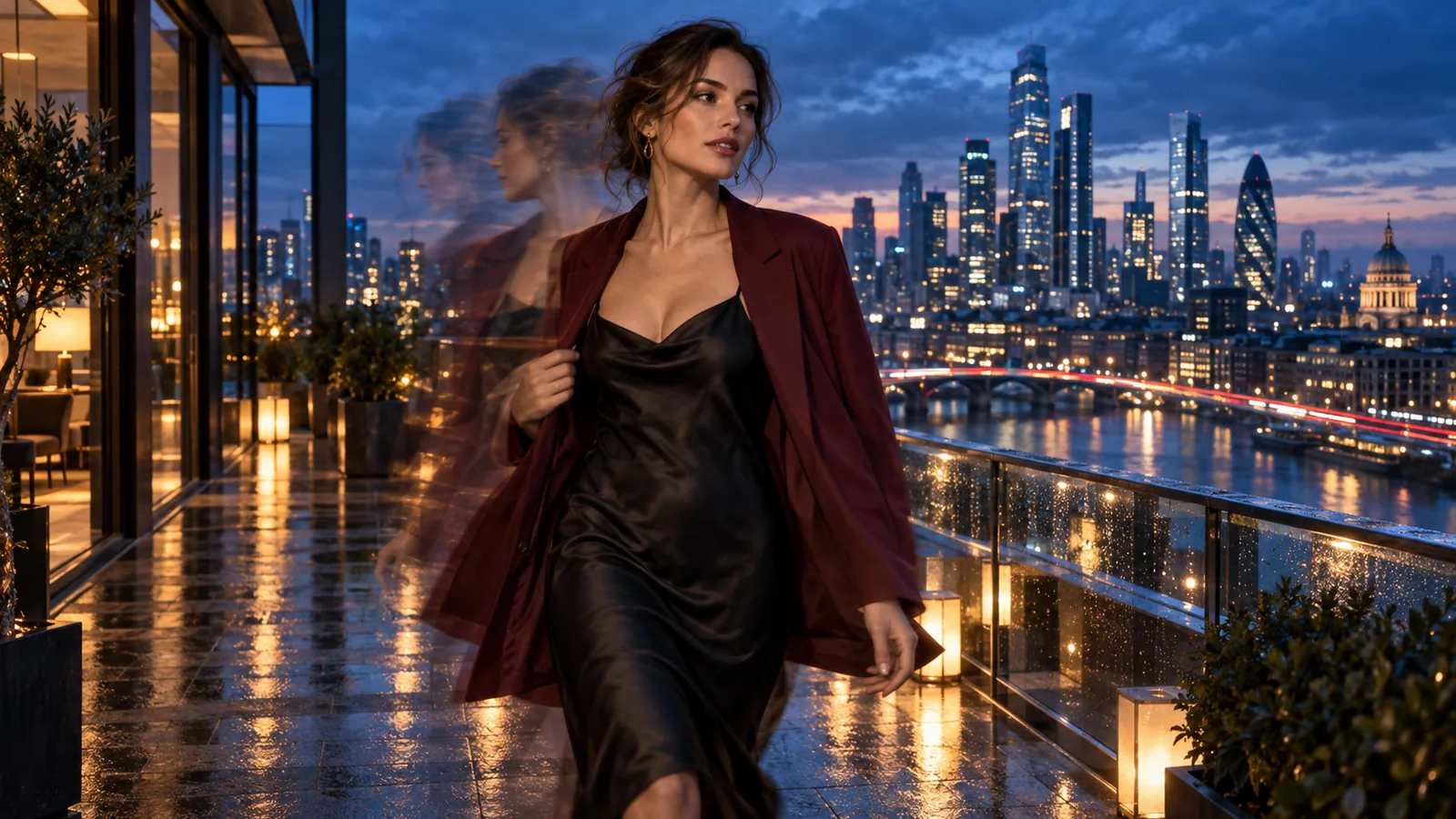 Una donna adulta in abito di satin nero e giacca bordeaux su una terrazza bagnata dalla pioggia all'ora blu, con una scia di movimento traslucida