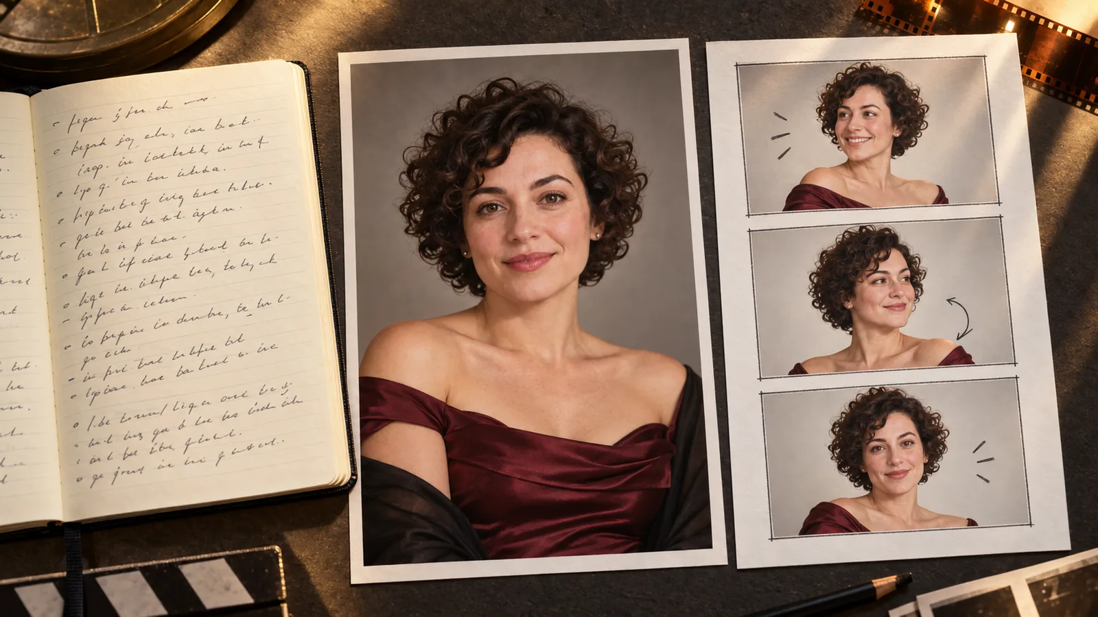 A character notebook, mature adult portrait and three-frame movement plan as separate creative materials.