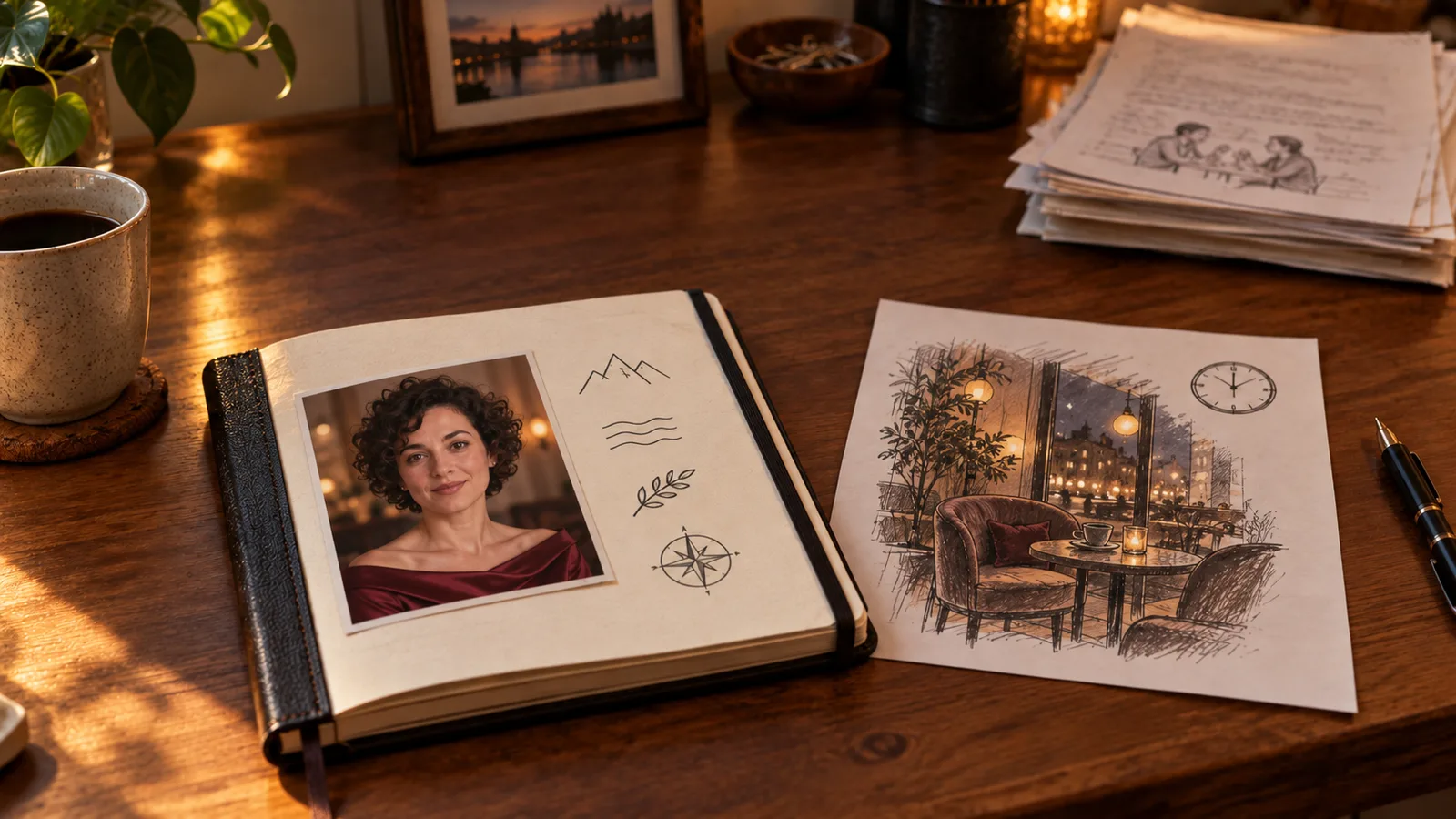 A mature adult character's bound profile beside an evening-scene summary and older conversation pages.