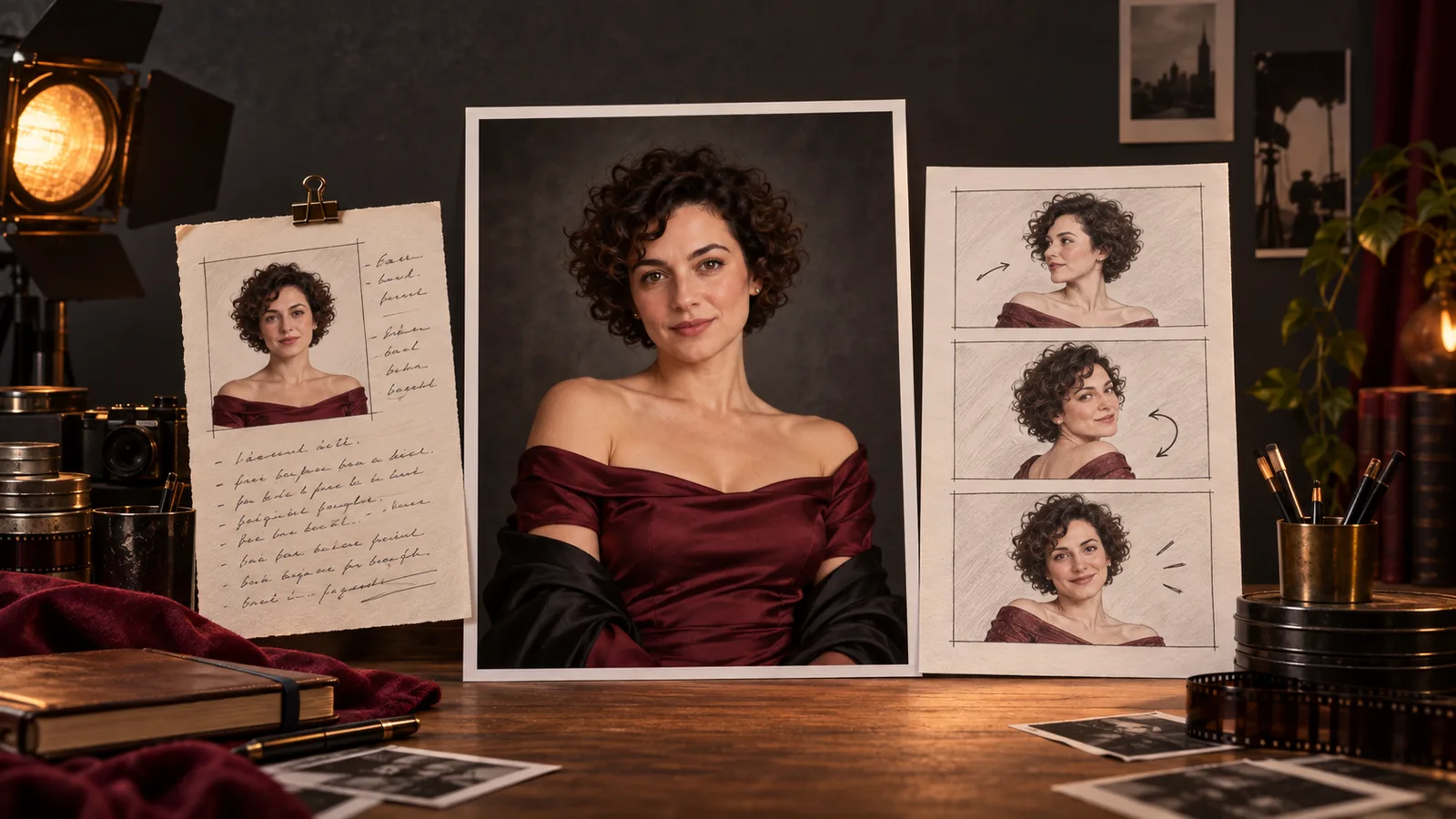 Appunti, ritratto di un adulto e storyboard di movimento per un personaggio di fantasia su una bacheca di pianificazione cinematografica.