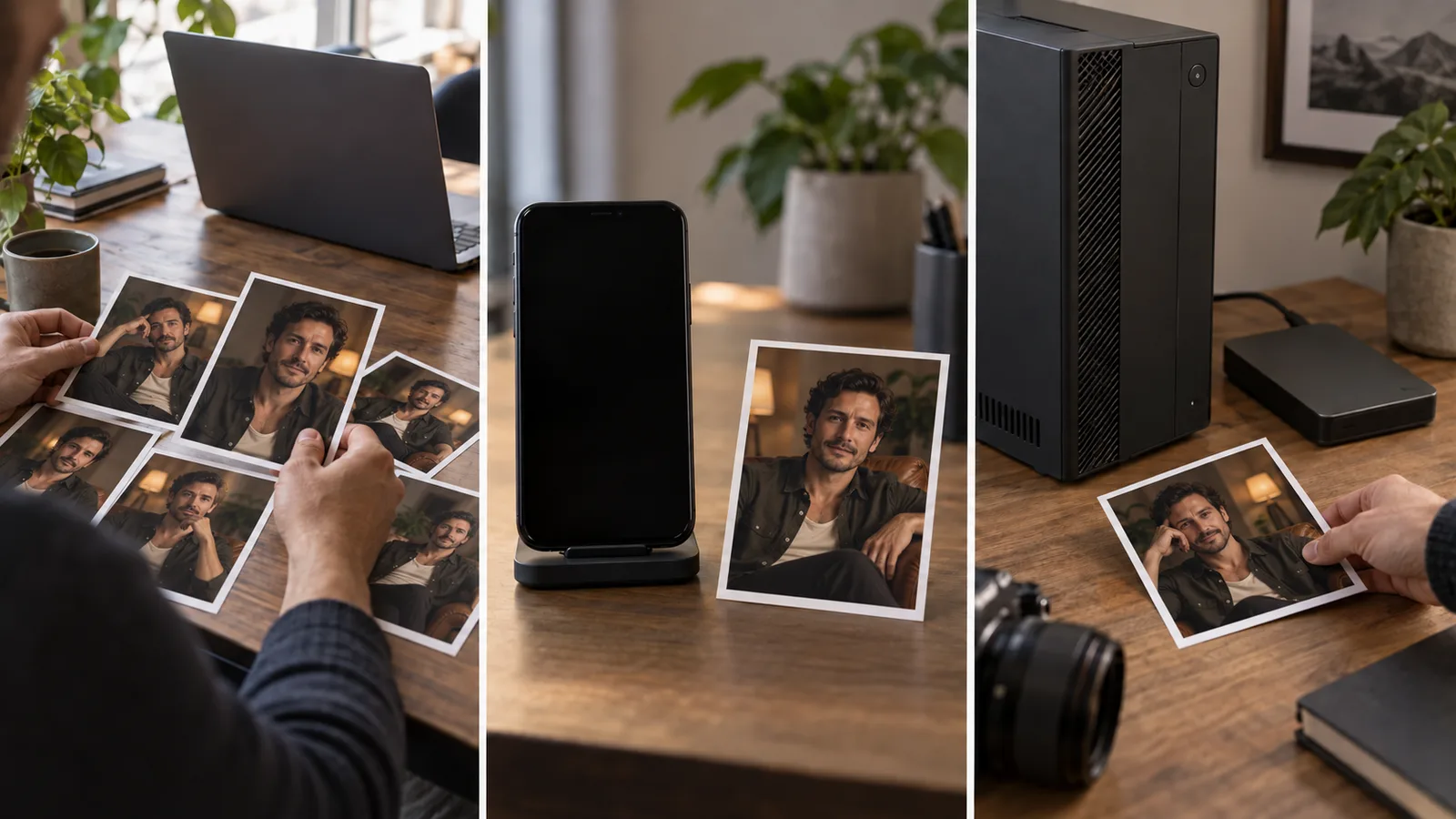 Tre viste fotografiche mostrano selezione di stampe di personaggi maschili adulti, un telefono e hardware posseduto localmente.