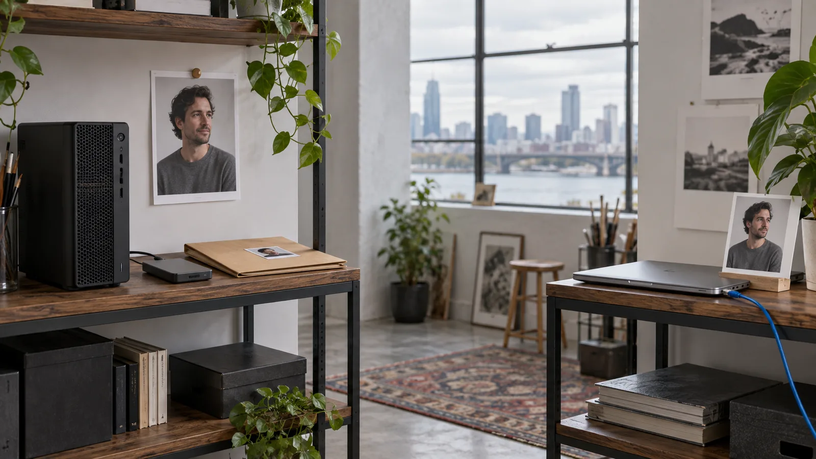 Un computer desktop e una cartella sorgente da un lato dello studio e un portatile con cavo di rete dall'altro.
