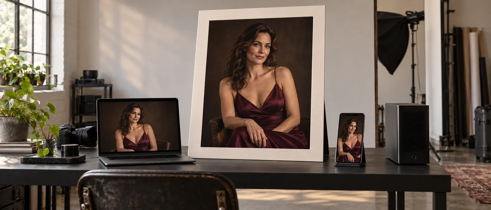 Lo stesso ritratto di personaggio adulto immaginario stampato in grande e mostrato su portatile e telefono, accanto a un computer desktop.