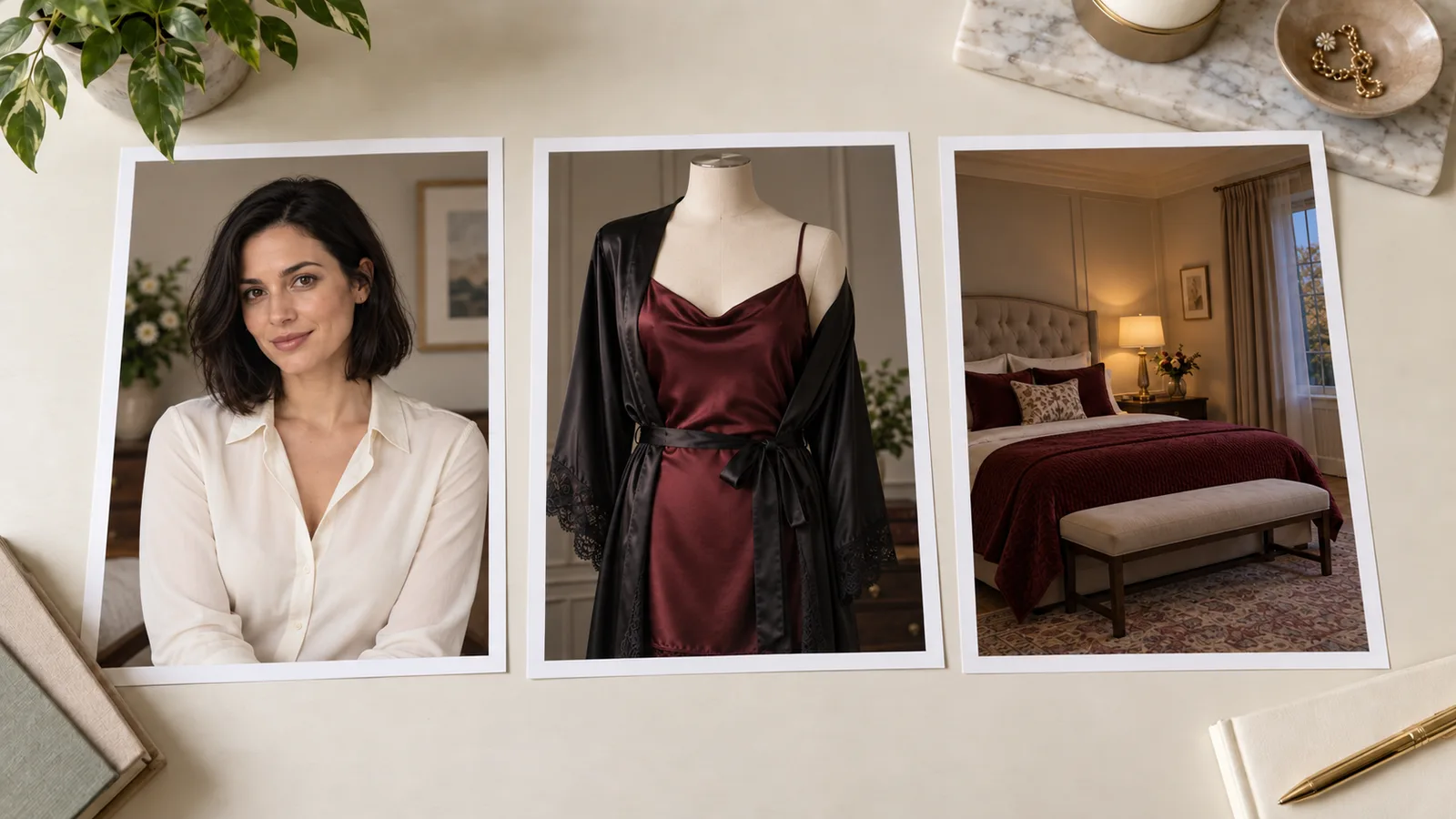 An adult identity portrait, a faceless burgundy camisole and robe reference, and an empty warm-lit bedroom.