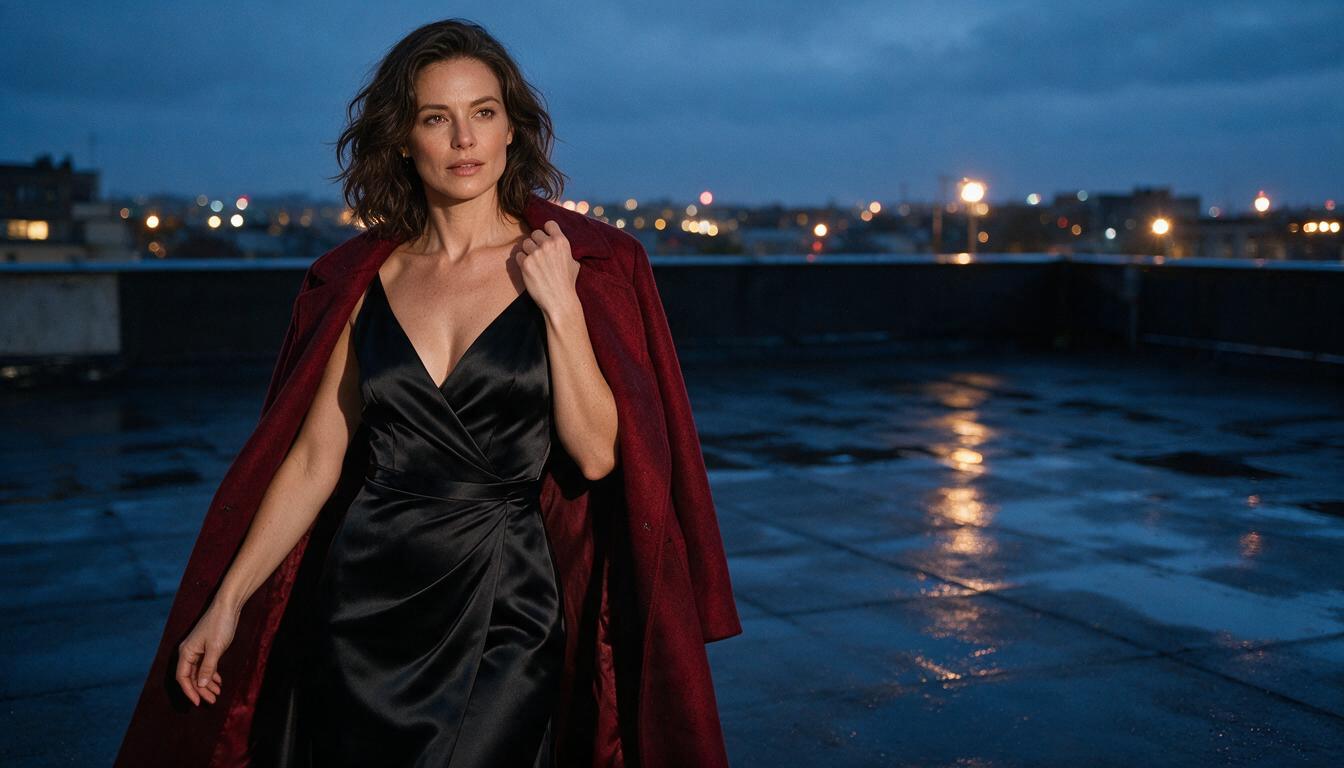 Immagine iniziale: una donna adulta in abito di satin nero e cappotto rosso su un tetto bagnato dalla pioggia nell’ora blu