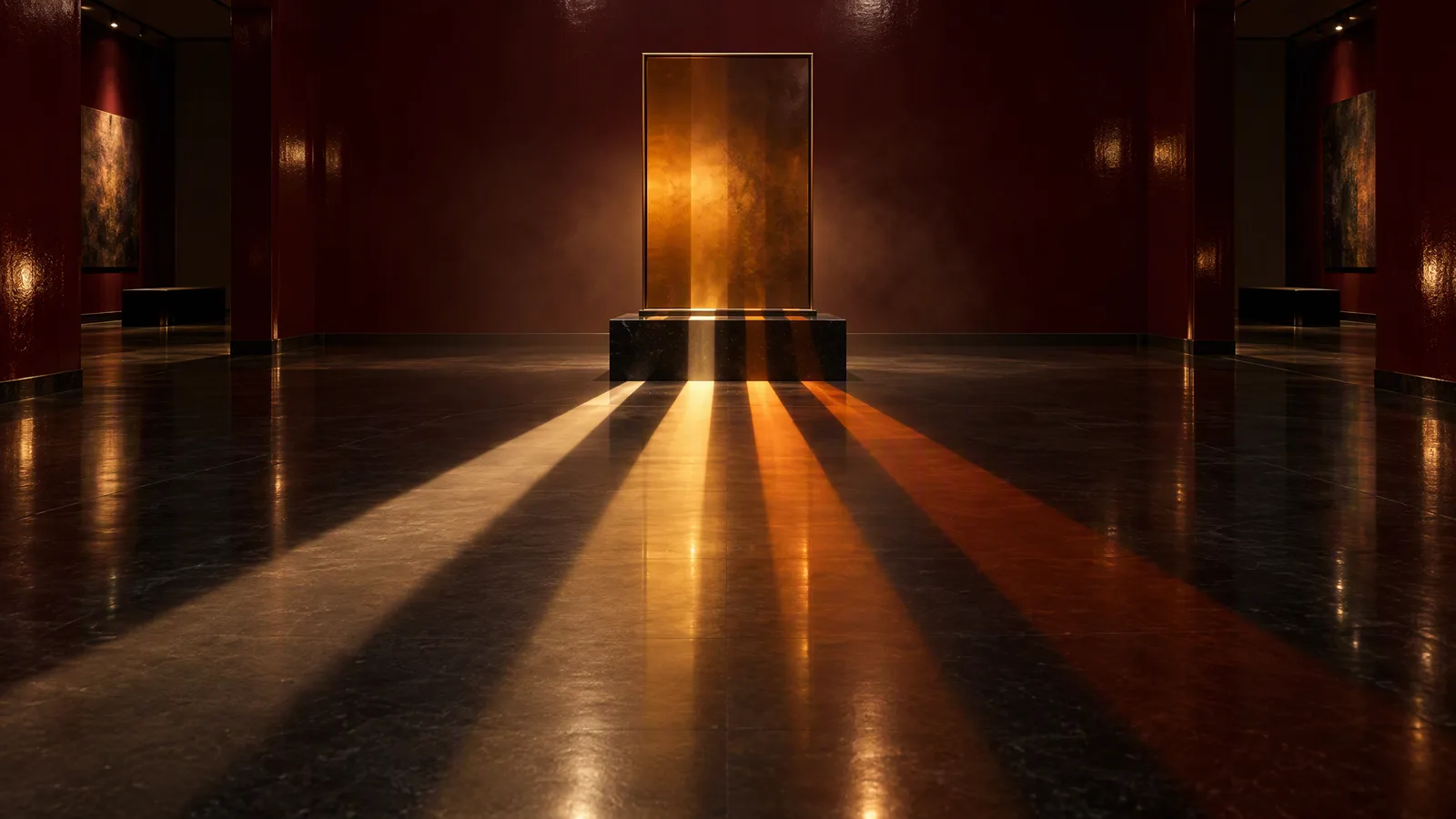 Un pannello di vetro ambra in una cornice sottile di ottone su un piedistallo di pietra nera in una galleria bordeaux profondo, che proietta quattro fasci di luce di larghezze e colori diversi sul pavimento scuro