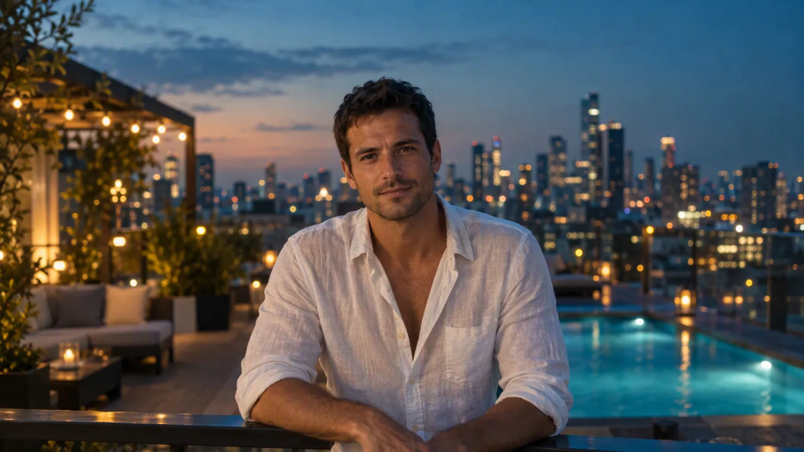 A man in a white linen shirt leans on the railing of a rooftop terrace at blue hour, with string lights, a lit pool and a city skyline behind him