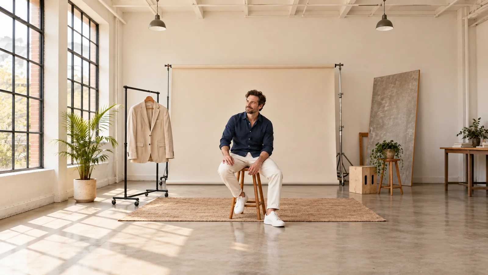 Uomo adulto seduto in uno studio fotografico accanto a un appendiabiti a stelo e a un fondale.