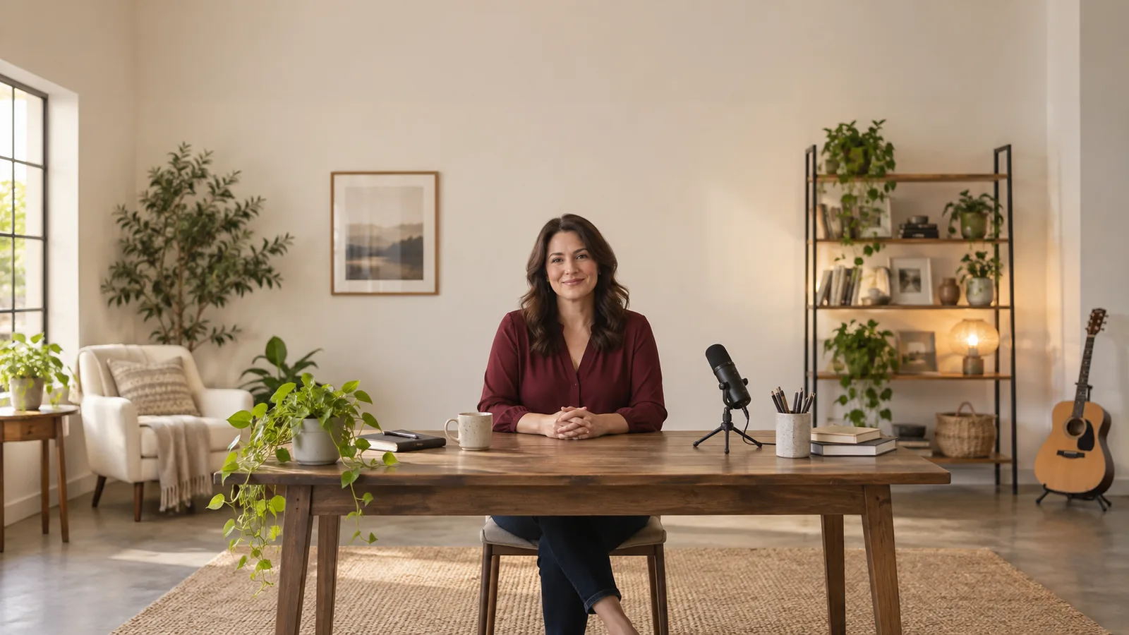 Donna adulta con una blusa bordeaux seduta a un tavolo di legno in una stanza luminosa, con le mani giunte e un piccolo microfono accanto.