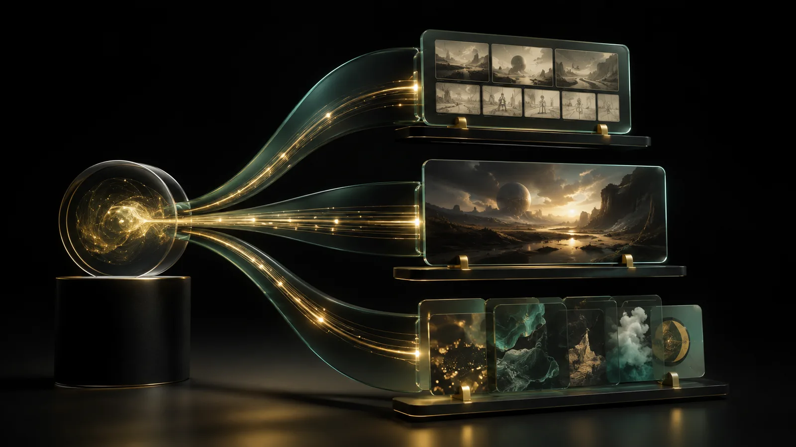 Lente di vetro luminoso su un piedistallo che invia fasci di luce verso tre pannelli di vetro: una striscia di storyboard, un paesaggio e una fila di schede astratte