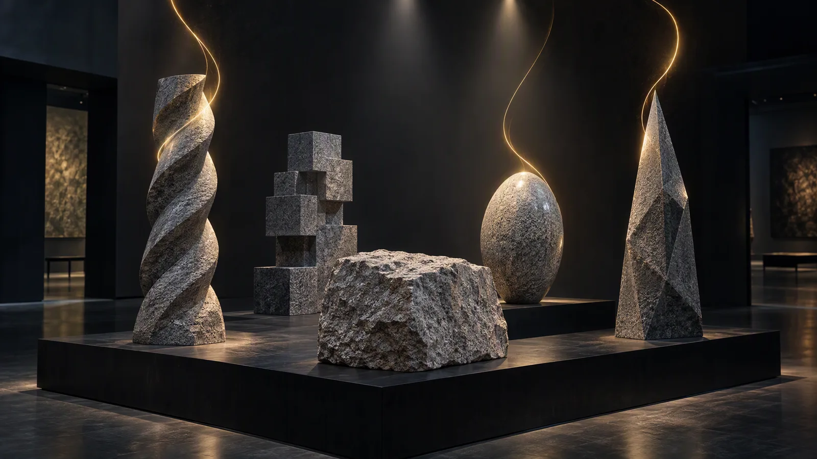 Un blocco grezzo di granito grigio su un piedistallo scuro da galleria, circondato da quattro sculture ricavate dalla stessa pietra: una colonna attorcigliata, cubi impilati, un ovoide e un obelisco sfaccettato, con scie di luce dorata che salgono da tre di esse