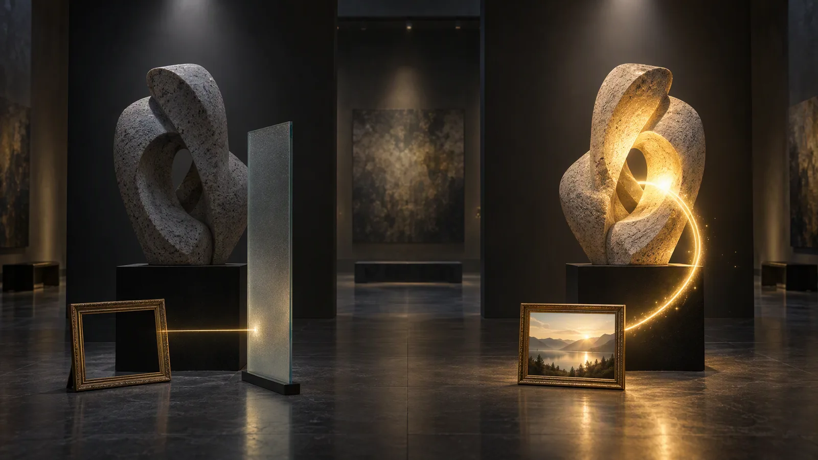 Due sculture di granito identiche su due piedistalli: a sinistra, una scia luminosa dorata da una cornice vuota si ferma contro un vetro smerigliato; a destra, una scia da una fotografia di paesaggio incorniciata entra nella scultura e la illumina