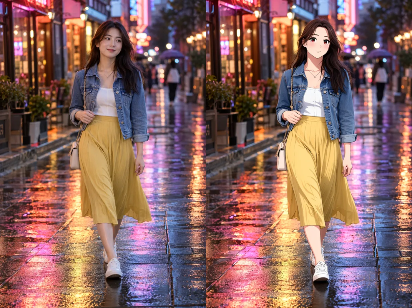 A woman in a denim jacket and yellow skirt on a rainy street beside the anime-style result.