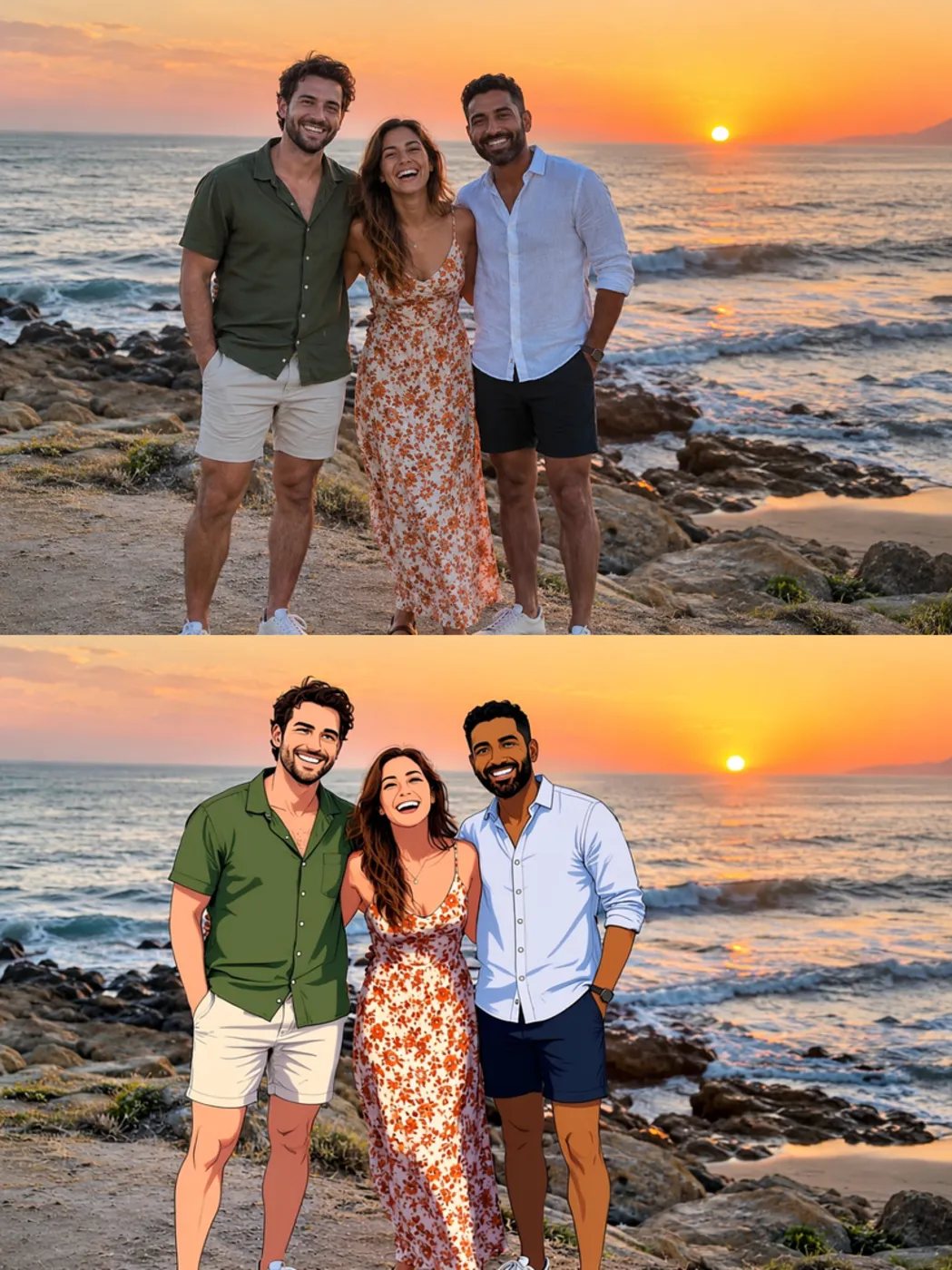 A beach photograph of three friends above an anime-style version with the same poses and sunset.