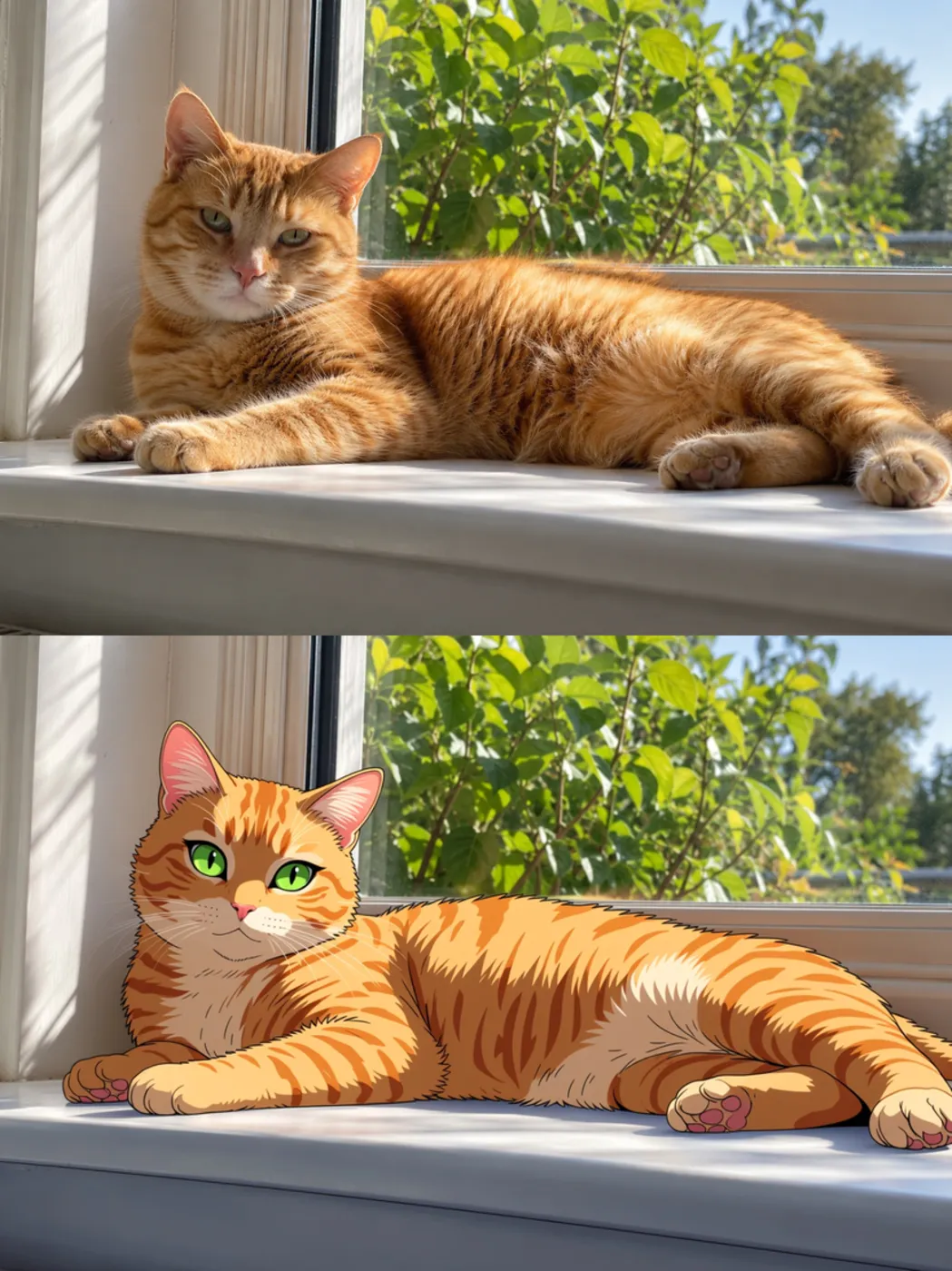 An orange tabby cat on a sunny windowsill above an anime drawing of the cat and its surroundings.