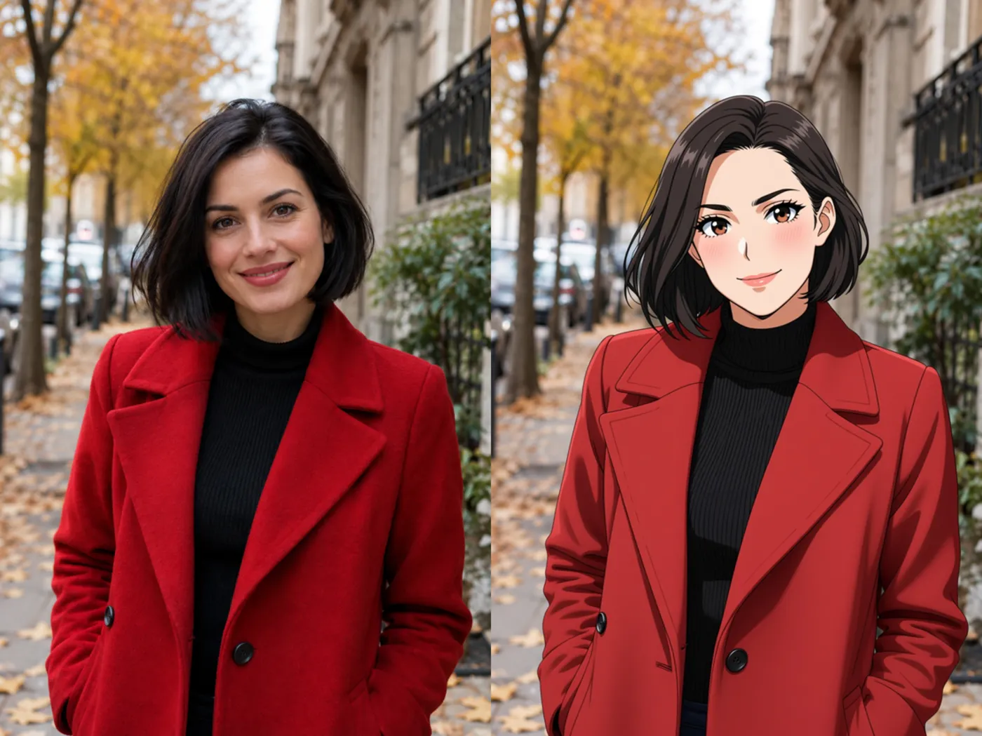 A woman with a black bob and red coat beside an anime-style portrait retaining the autumn street.