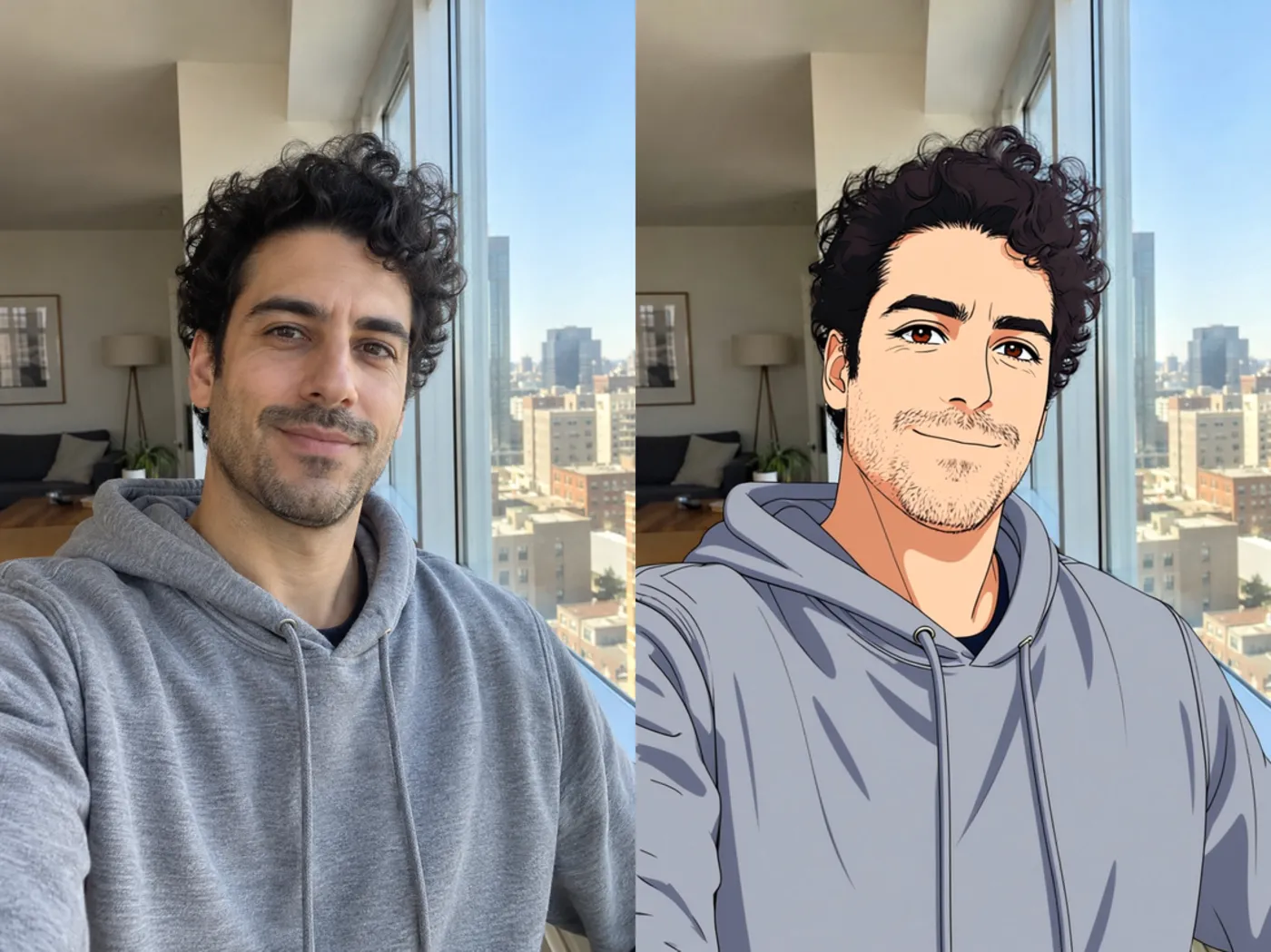A curly-haired man in a grey hoodie beside an anime-style rendering of the same apartment-window selfie.