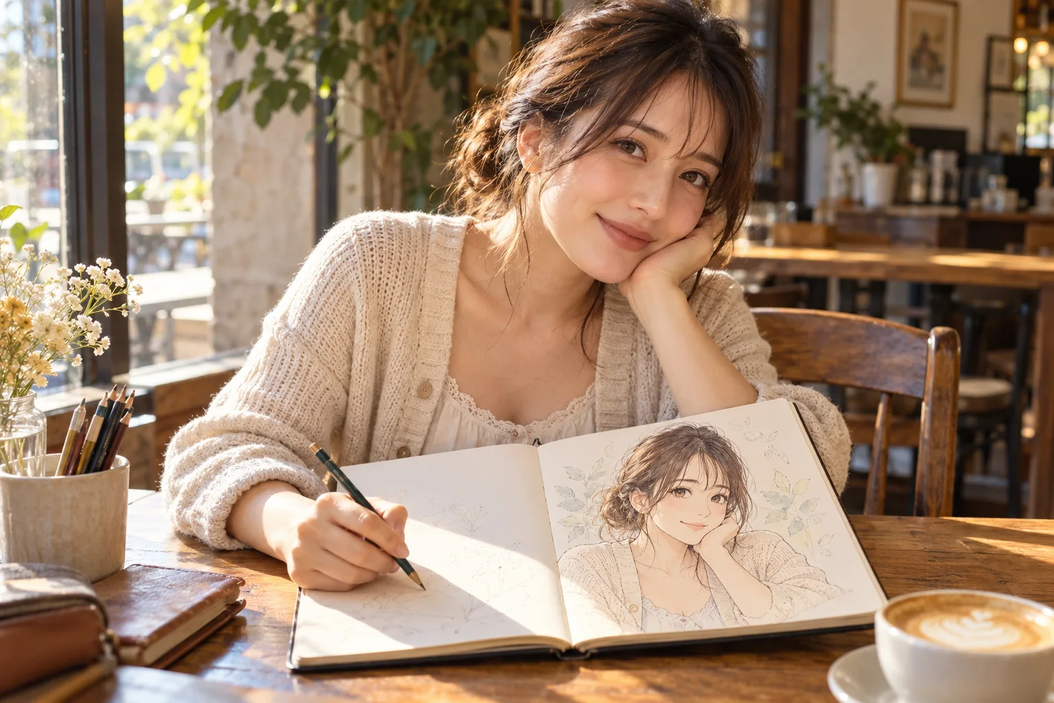 A woman sits in a sunny café with an open sketchbook showing an anime drawing of her face.