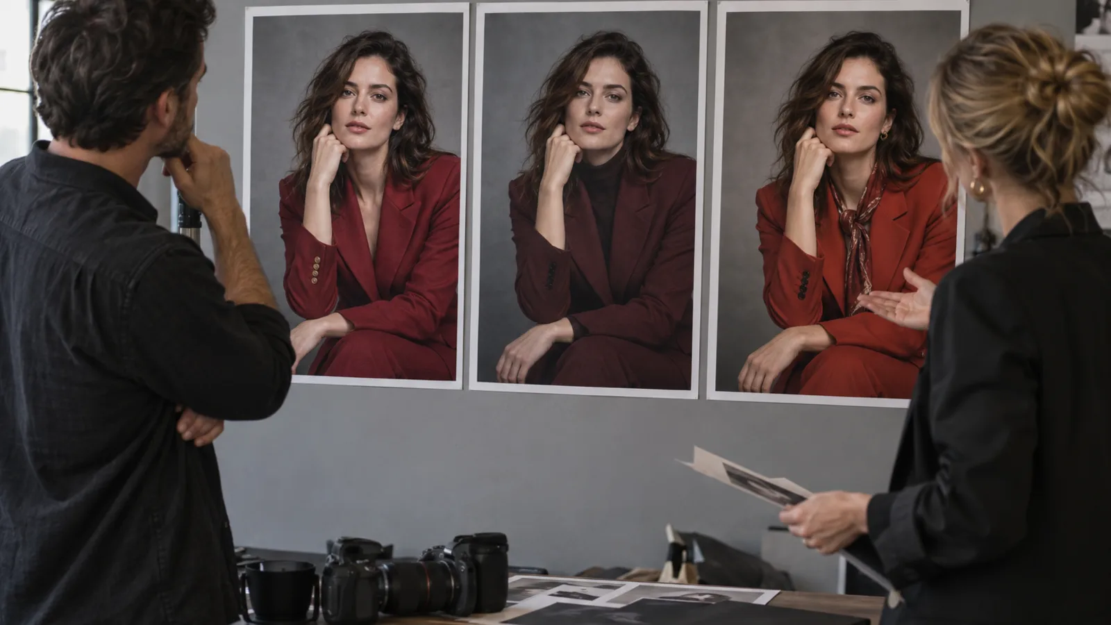 Un fotografo e un art director esaminano tre ritratti della stessa donna adulta con variazioni di styling controllate