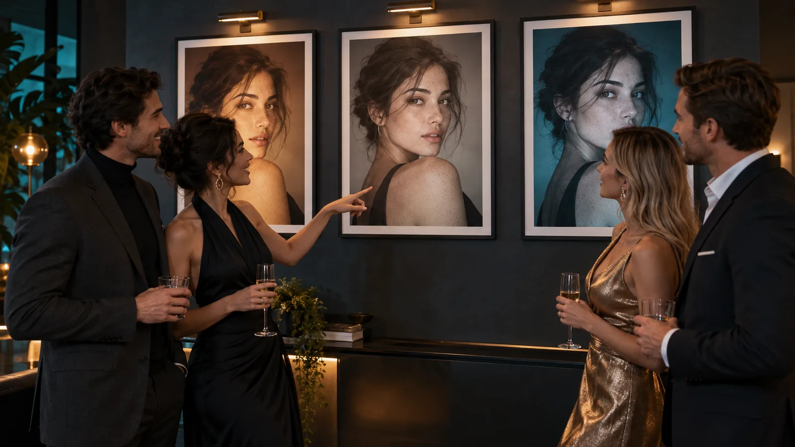 Quattro adulti osservano tre ritratti con diversa color correction in una galleria fotografica dalle luci calde