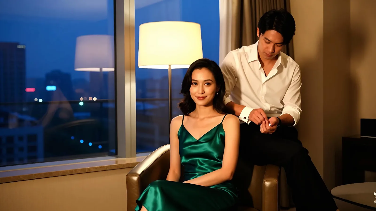 夕暮れのホテルのスイートで、エメラルド色のサテンのスリップドレスを着た女性が革の肘掛け椅子に座り、その後ろで白いシャツの男性がカフスを留めている