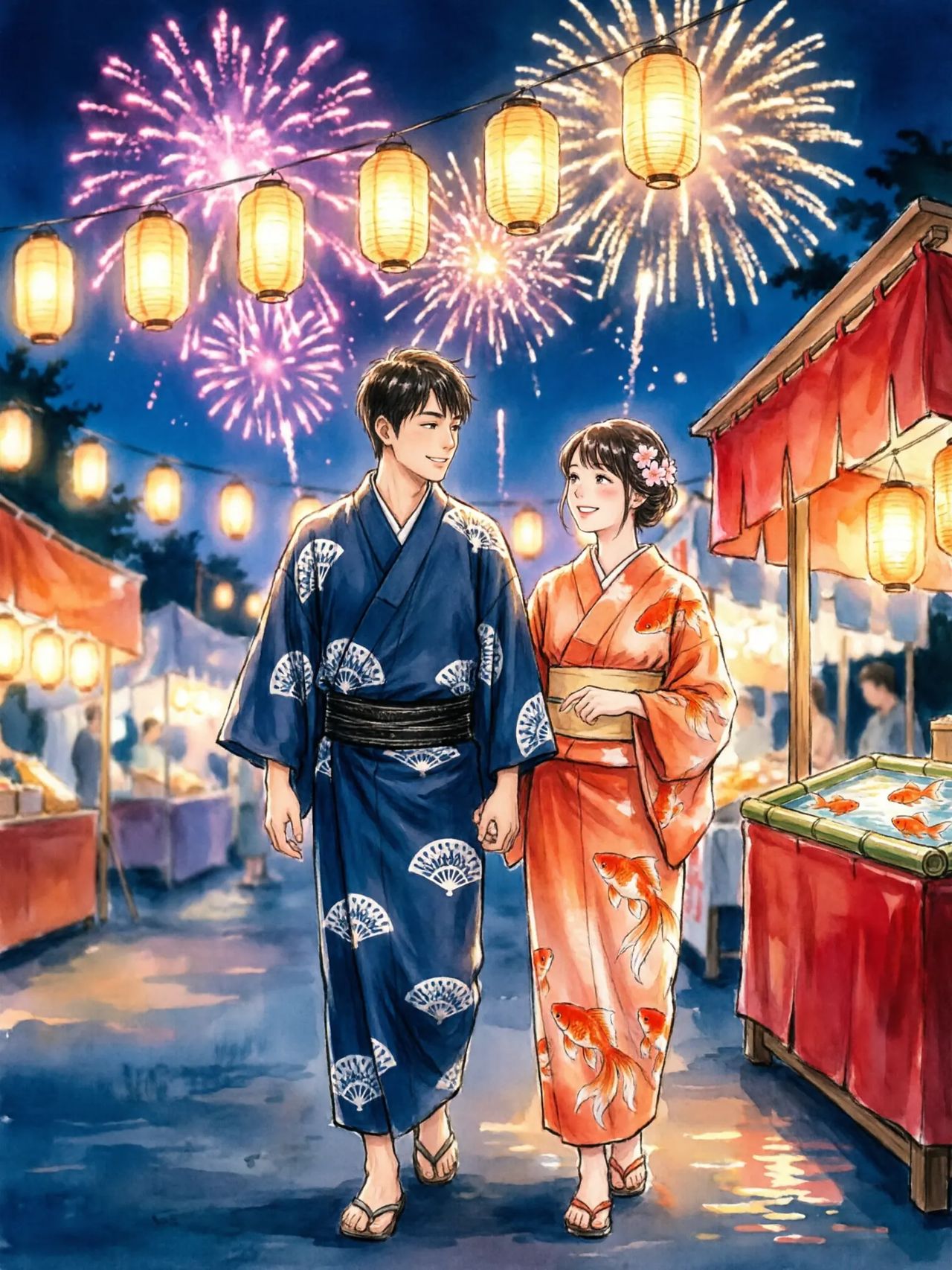 Watercolour anime illustration of a couple in yukata walking under paper lanterns at a night festival, fireworks overhead and a goldfish stall beside them.