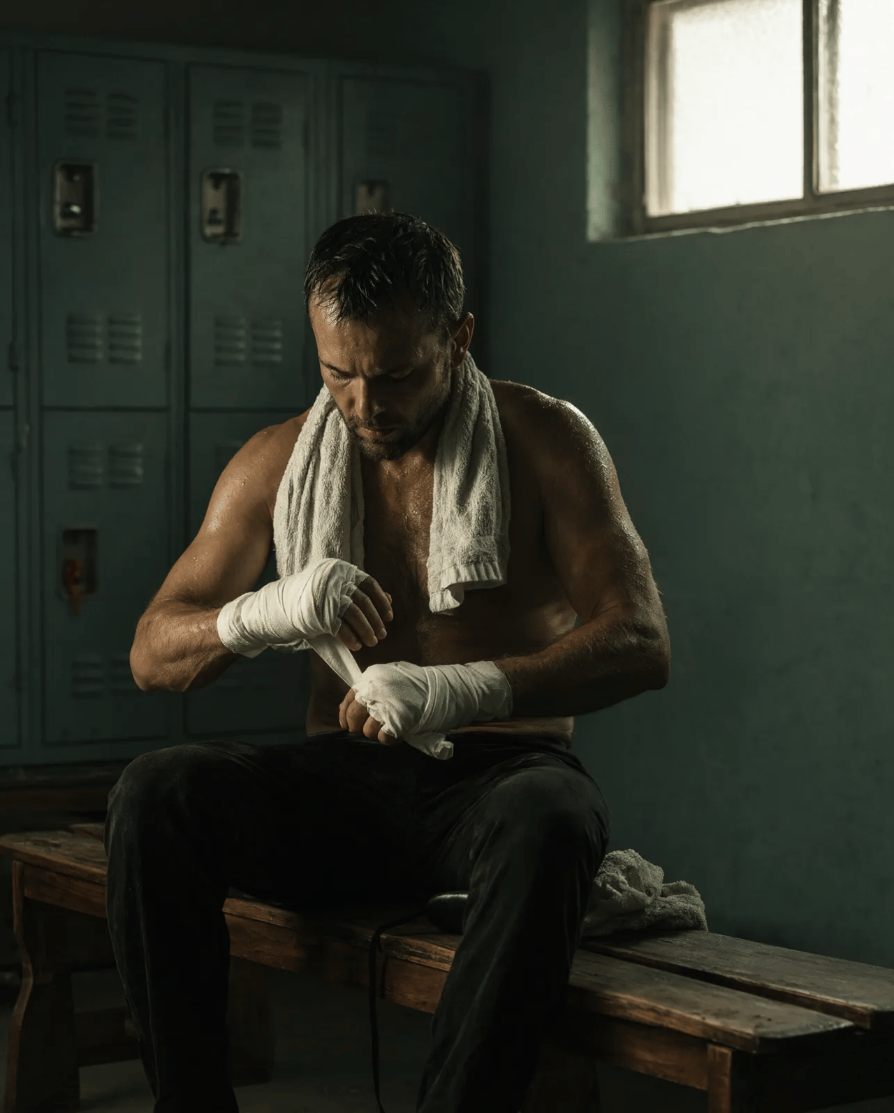 A boxer with a towel around his neck wraps white hand wraps on a wooden bench in an empty locker room at dawn