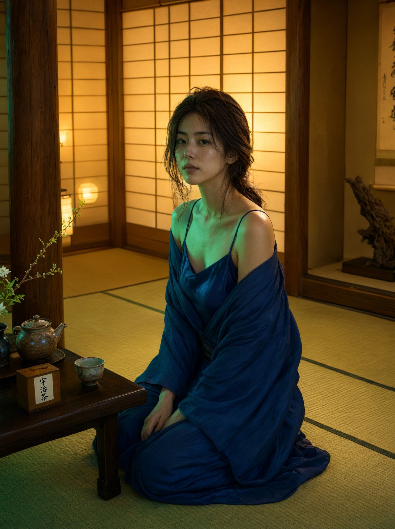 A woman in a loose indigo kimono over a camisole kneels beside a low table in a lantern-lit tatami room with paper screens.