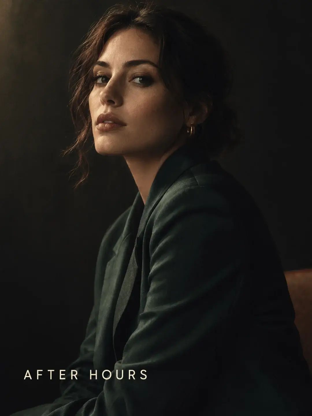 A moody portrait of a woman in a dark green blazer with the cover line AFTER HOURS in small spaced capitals at the bottom left.
