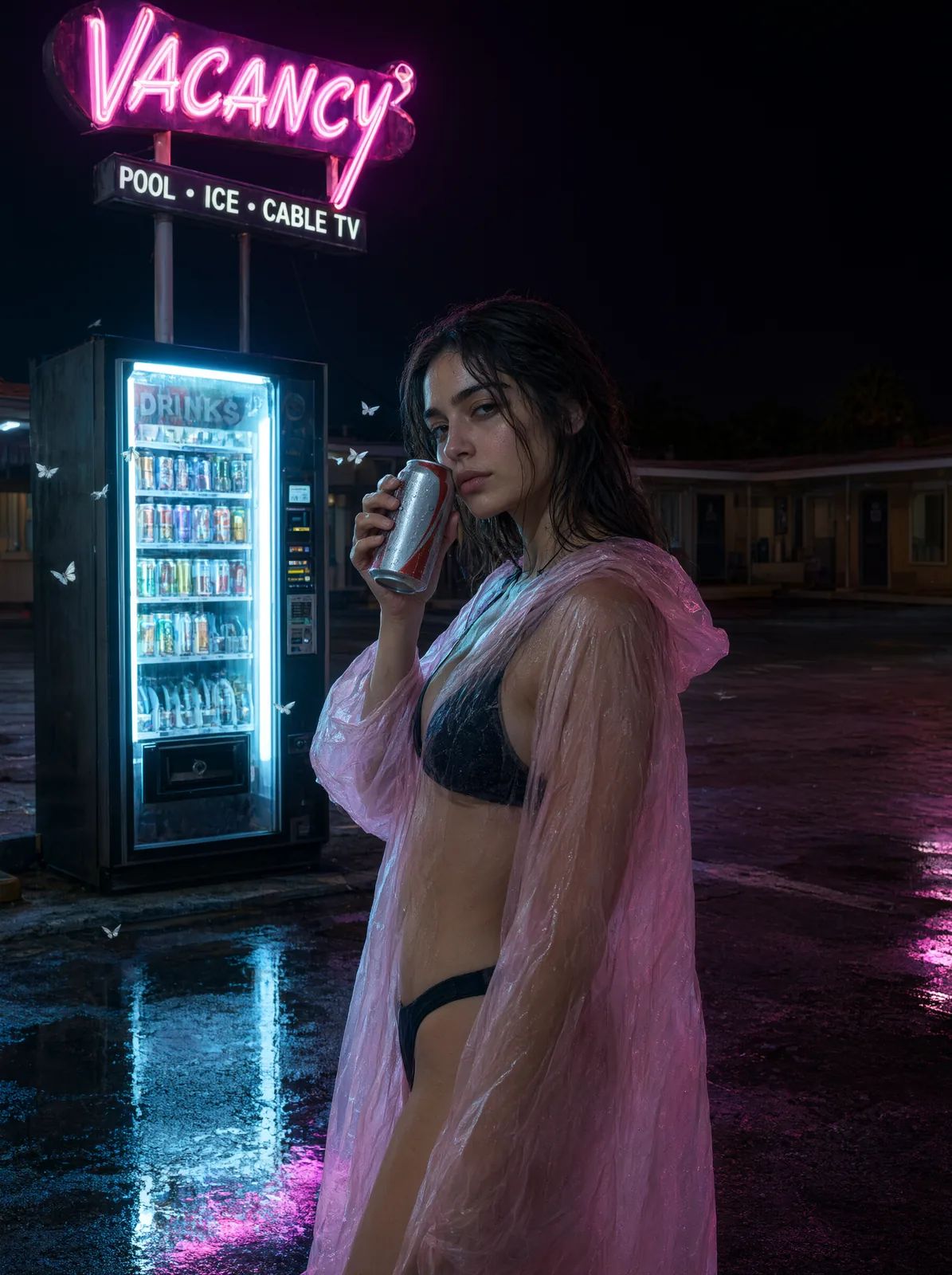 Night motel forecourt: a woman in a translucent pink rain poncho by a lit vending machine under a neon VACANCY sign reading POOL, ICE, CABLE TV