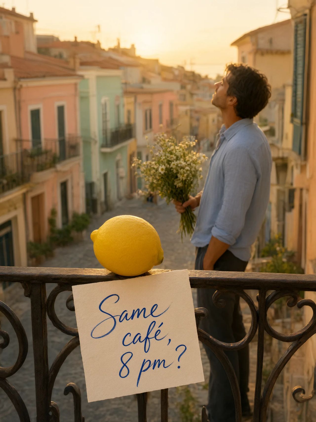 A handwritten note reading “Same café, 8 pm?” hangs from an iron balcony rail under a lemon while a man holding wildflowers looks up.